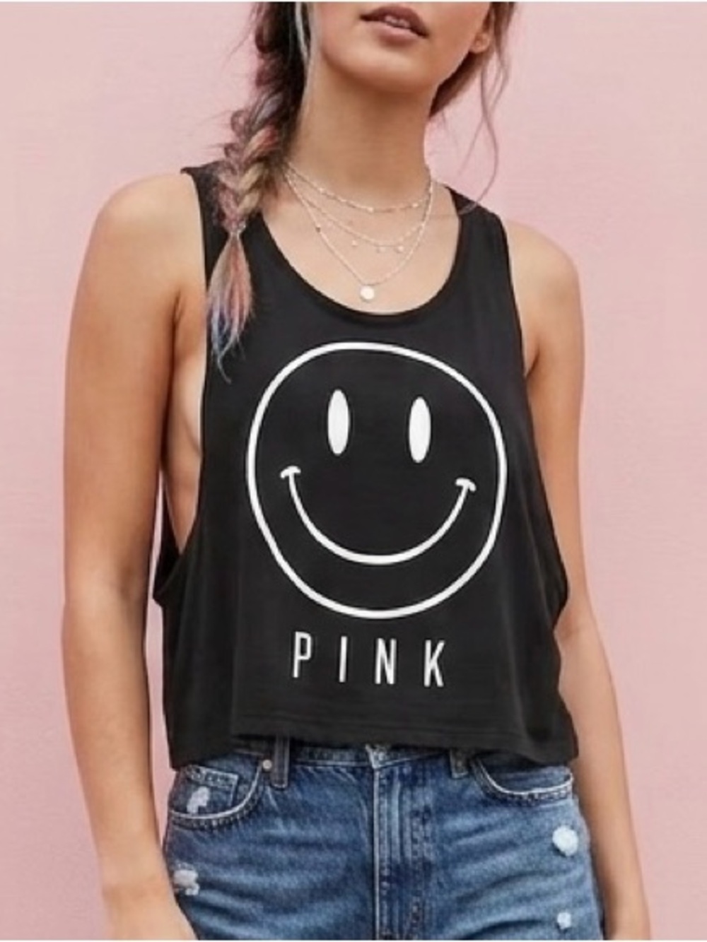 ✨ VS PINK Black Smiley Face Flowy Cropped Tank Top ✨